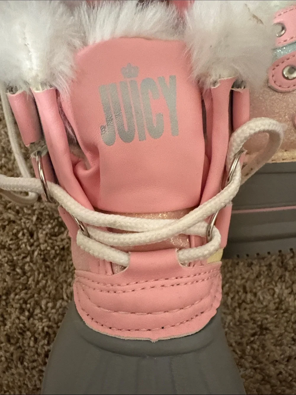 Juicy Couture Pink and Gray Kids Snow Boots with Faux Fur Trim